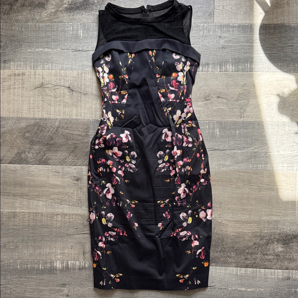Karen Millen Black Dress with Pink Floral Design
